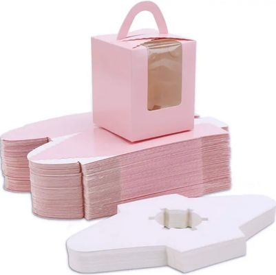 Draagbare cupcake verpakkingsdoos met deksel en venster inbreng aangepast roze kleur