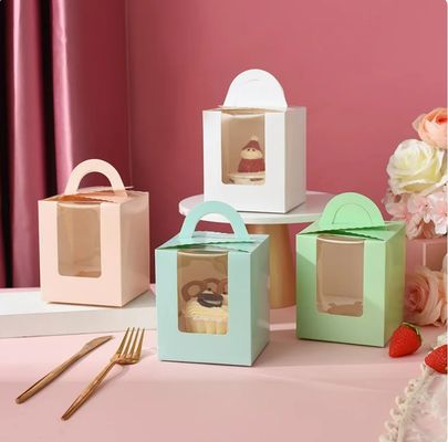 Draagbare cupcake verpakkingsdoos met deksel en venster inbreng aangepast roze kleur