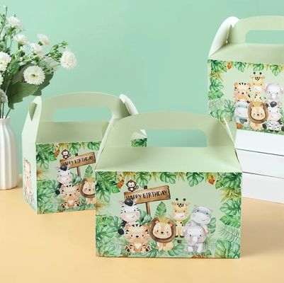 Custom Animal Print Handle Paper Box voor Kinderen Jungle Theme Verjaardag en Baby Shower