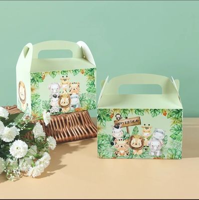 Custom Animal Print Handle Paper Box voor Kinderen Jungle Theme Verjaardag en Baby Shower
